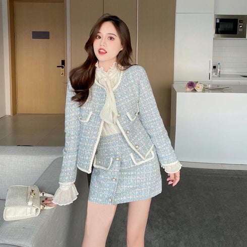 HELLO Tweed Long Sleeves Blazer With Short Skirts